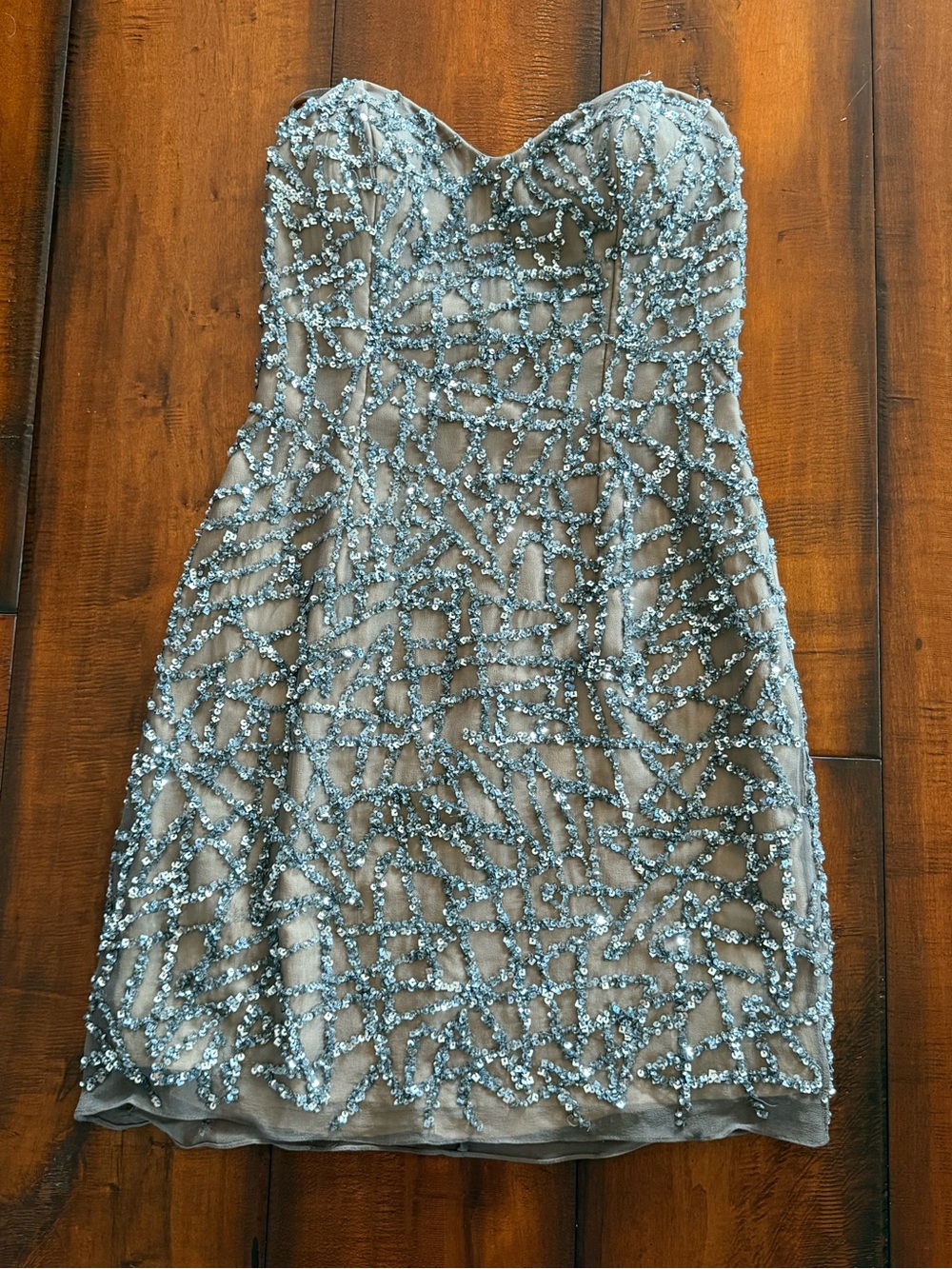 Scala Strapless Silver Sequin Silk Dress in Taupe